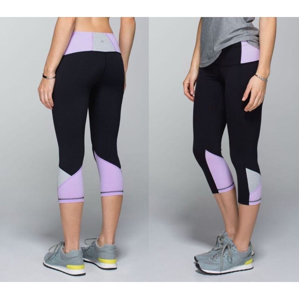 Lululemon Womens Embody Crop Yoga Leggings Black Purple Heathered Grey Size 4